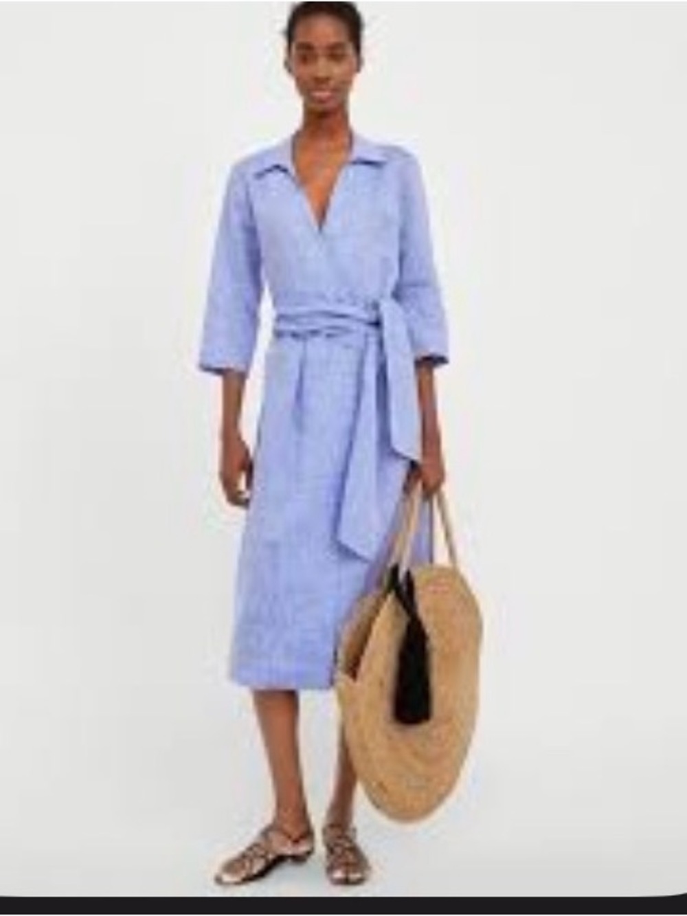 Zara Light Blue Linen Midi Shirt Dress